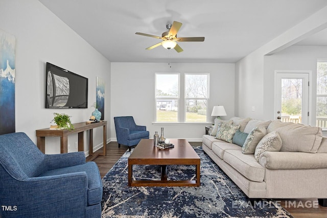 1412 Main St, Lillington, NC 27546 - living room featuring ceiling fan, wood finished floors, and baseboards