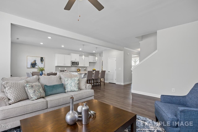 1412 Main St, Lillington, NC 27546 - living room featuring dark wood-style floors, recessed lighting, ceiling fan, and baseboards