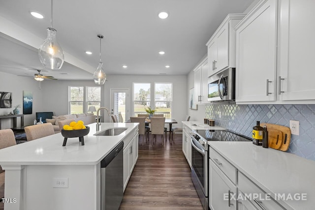 1412 Main St, Lillington, NC 27546 - kitchen with appliances with stainless steel finishes, a sink, recessed lighting, dark wood-style floors, and light countertops