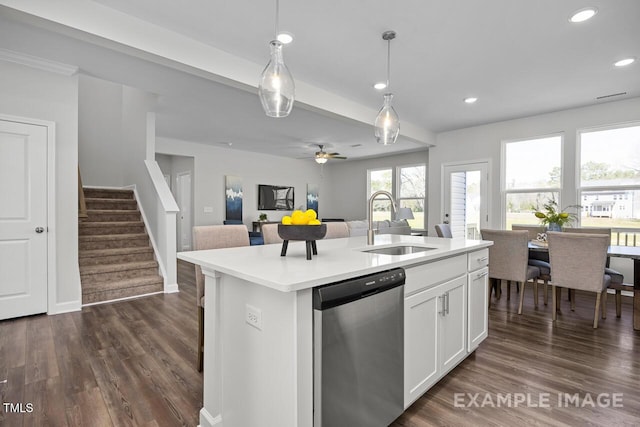 1412 Main St, Lillington, NC 27546 - kitchen featuring stainless steel dishwasher, a sink, dark wood-style flooring, recessed lighting, and pendant lighting