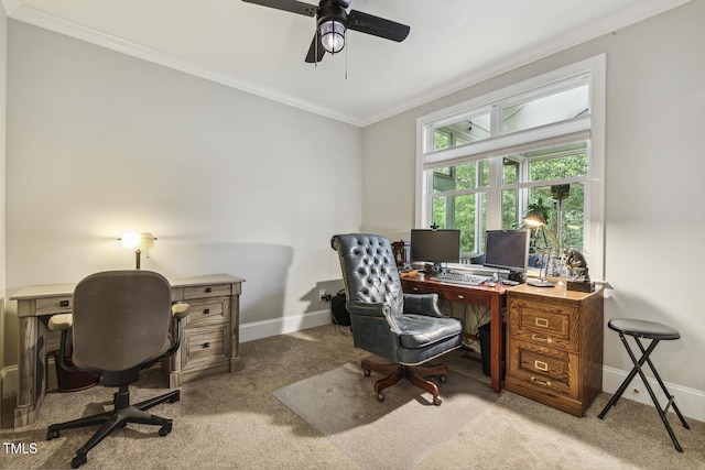 carpeted office space with crown molding, ceiling fan, and baseboards