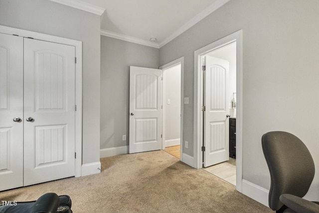 office space with light colored carpet, ornamental molding, and baseboards