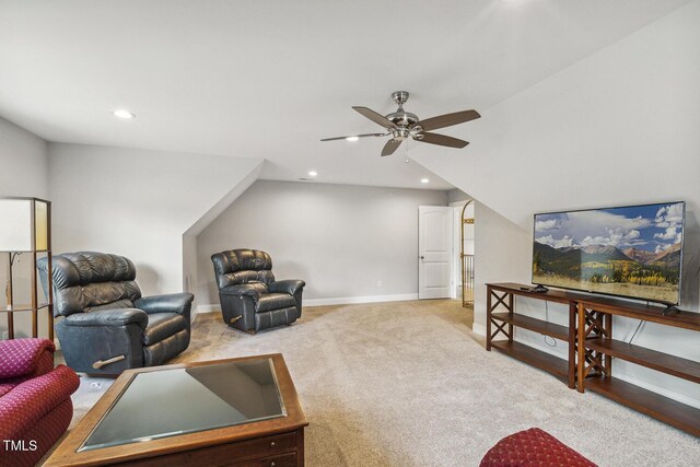 carpeted living room with a ceiling fan, recessed lighting, and baseboards