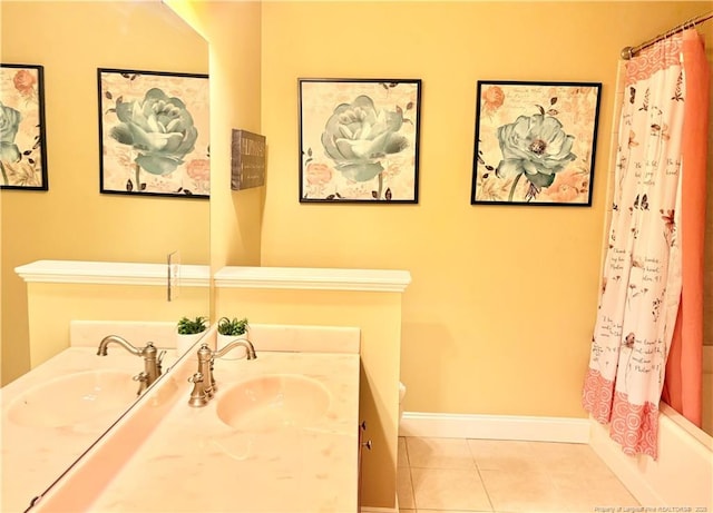 60 Hill Shore Ln, Clayton, NC 27527 - full bathroom with tile patterned floors, vanity, baseboards, toilet, and shower / bath combination with curtain