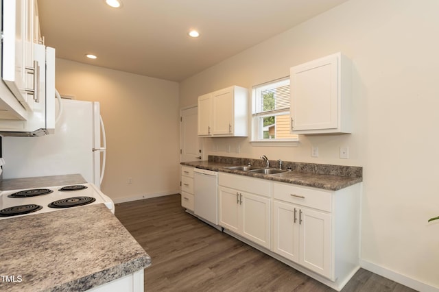 116 Laurel Ave, Durham, NC 27701 - kitchen featuring a sink, white appliances, white cabinetry, dark wood-type flooring, and baseboards