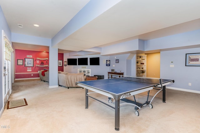 playroom with light carpet, baseboards, and recessed lighting