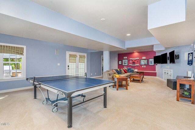 playroom with light colored carpet, baseboards, and recessed lighting