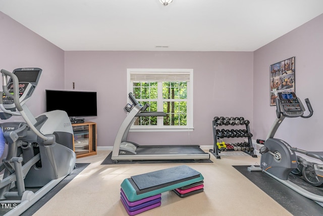 workout area with carpet and baseboards