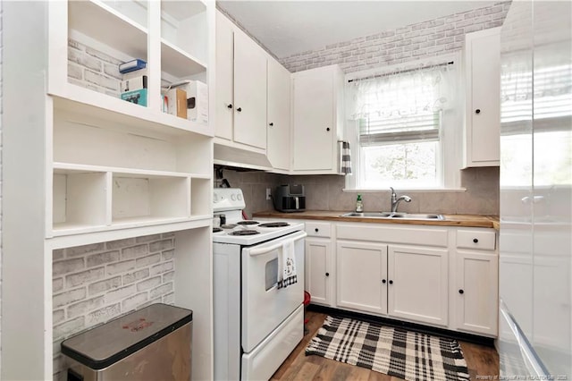 201 W 16th St, Lumberton, NC 28358 - kitchen with white range with electric cooktop, under cabinet range hood, a sink, white cabinets, and open shelves