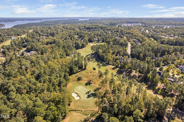 39 Forked Pine Ct, Chapel Hill, NC 27517 - aerial view of property and surrounding area featuring a forest, a golf course, and a nearby body of water
