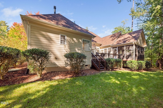 39 Forked Pine Ct, Chapel Hill, NC 27517 - back of house featuring a sunroom, stairs, a yard, and a shingled roof