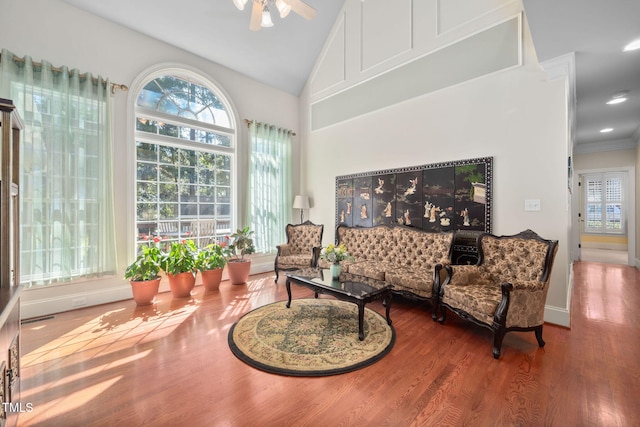 39 Forked Pine Ct, Chapel Hill, NC 27517 - living area with wood finished floors, ceiling fan, high vaulted ceiling, and crown molding