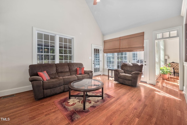 39 Forked Pine Ct, Chapel Hill, NC 27517 - living room with high vaulted ceiling, wood finished floors, and baseboards