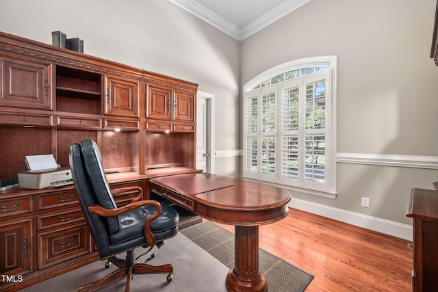 39 Forked Pine Ct, Chapel Hill, NC 27517 - office space with crown molding, wood finished floors, baseboards, and a towering ceiling