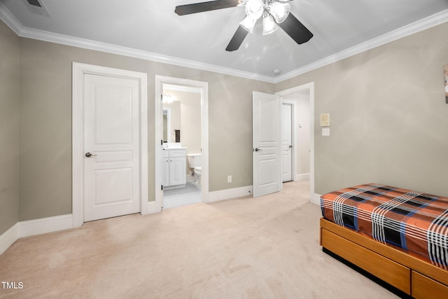39 Forked Pine Ct, Chapel Hill, NC 27517 - bedroom featuring crown molding, light colored carpet, baseboards, ensuite bath, and ceiling fan