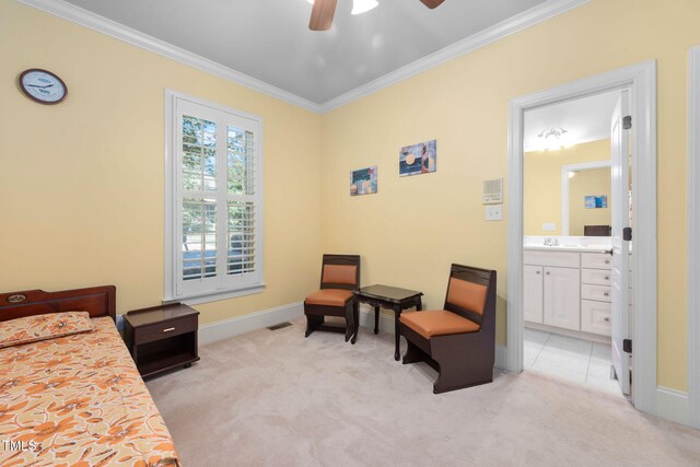 39 Forked Pine Ct, Chapel Hill, NC 27517 - bedroom featuring light colored carpet, crown molding, baseboards, connected bathroom, and ceiling fan