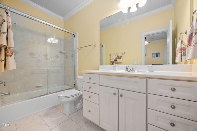 39 Forked Pine Ct, Chapel Hill, NC 27517 - bathroom featuring ornamental molding, tile patterned floors, toilet, vanity, and shower / bath combination with glass door