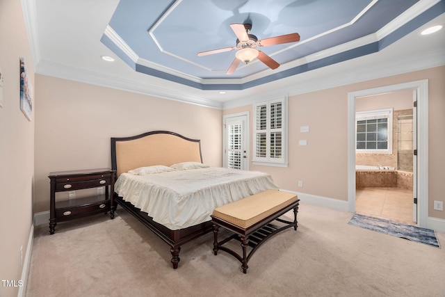 39 Forked Pine Ct, Chapel Hill, NC 27517 - bedroom featuring a raised ceiling, light carpet, ornamental molding, multiple windows, and baseboards