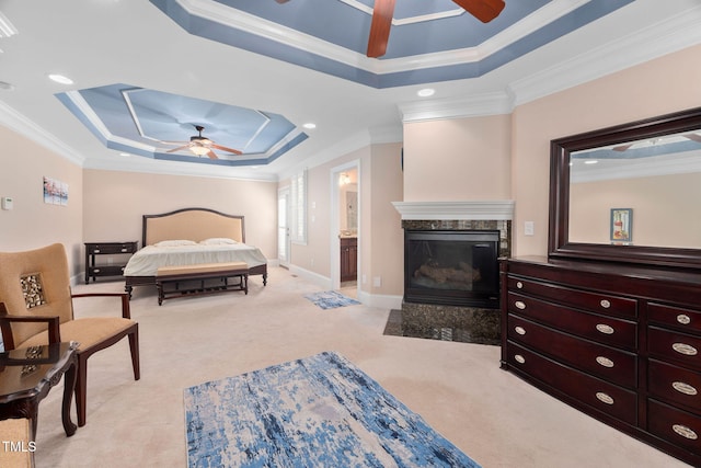 39 Forked Pine Ct, Chapel Hill, NC 27517 - bedroom featuring a raised ceiling, light carpet, crown molding, a premium fireplace, and ceiling fan