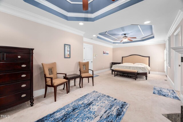 39 Forked Pine Ct, Chapel Hill, NC 27517 - bedroom featuring a raised ceiling, light carpet, ornamental molding, baseboards, and a ceiling fan