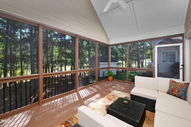 39 Forked Pine Ct, Chapel Hill, NC 27517 - sunroom / solarium featuring an outdoor living space, ceiling fan, vaulted ceiling, and healthy amount of natural light
