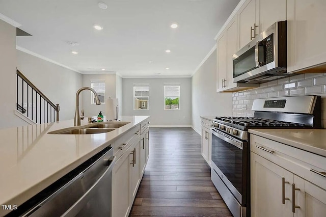kitchen with appliances with stainless steel finishes, a sink, ornamental molding, dark wood-style flooring, and light countertops