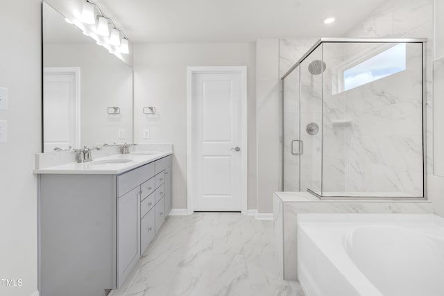 4601 Okeechobee Ct, Fuquay Varina, NC 27526 - bathroom with marble finish flooring, a shower stall, a garden tub, double vanity, and baseboards