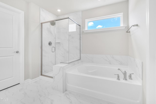 4601 Okeechobee Ct, Fuquay Varina, NC 27526 - bathroom with marble look tile flooring, a garden tub, and a marble finish shower