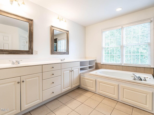 203 Chilcott Ln, Apex, NC 27502 - full bath with a garden tub, double vanity, and tile patterned flooring