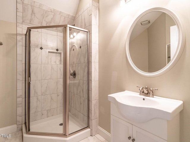 203 Chilcott Ln, Apex, NC 27502 - bathroom with a shower stall, vanity, and baseboards