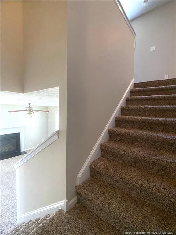 stairway featuring carpet flooring, ceiling fan, baseboards, and a fireplace