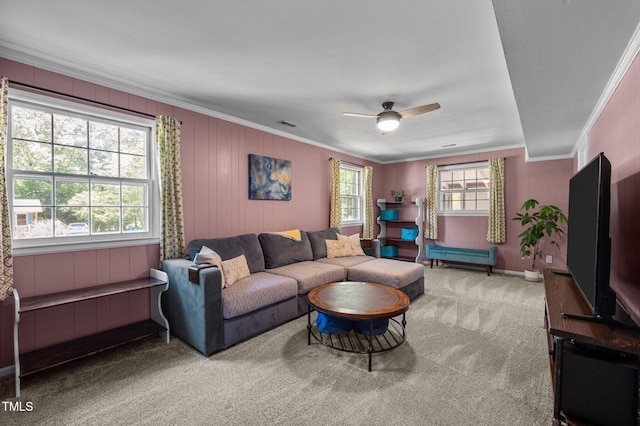 carpeted living area featuring crown molding, ceiling fan, and baseboards