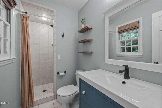full bath with a shower stall, toilet, vanity, and tile patterned flooring