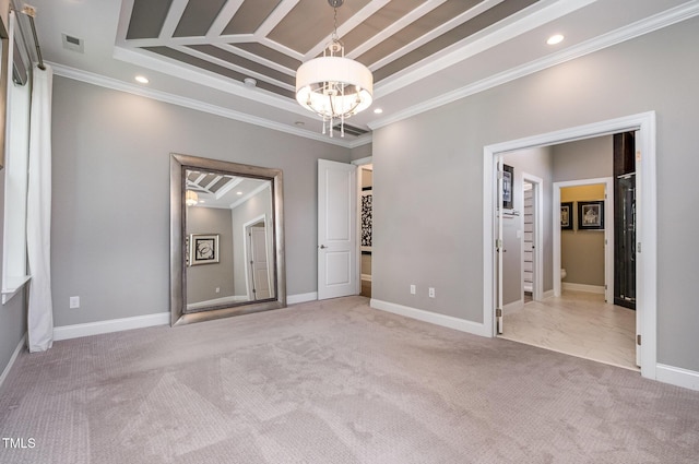unfurnished bedroom featuring a chandelier, crown molding, carpet flooring, recessed lighting, and baseboards