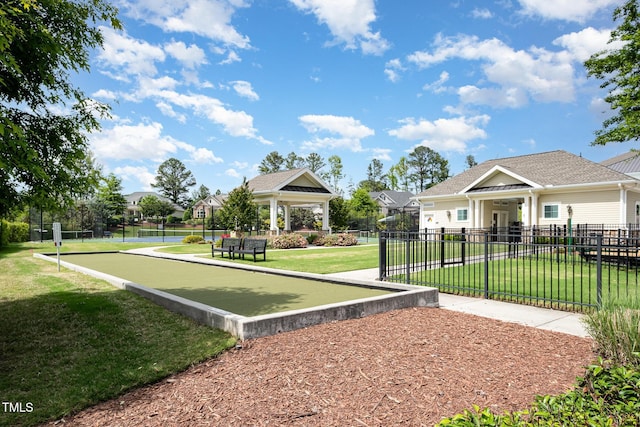 surrounding community with a bocce ball area and a gazebo