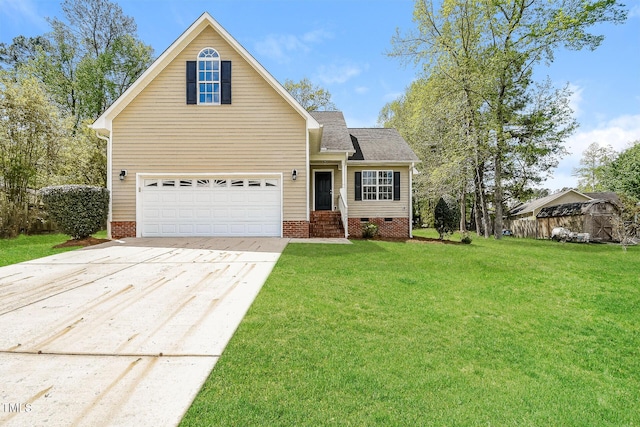 traditional-style house with driveway, a garage, crawl space, and a shingled roof