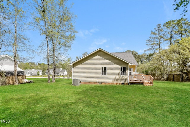 rear view of house featuring central AC unit, a deck, and crawl space