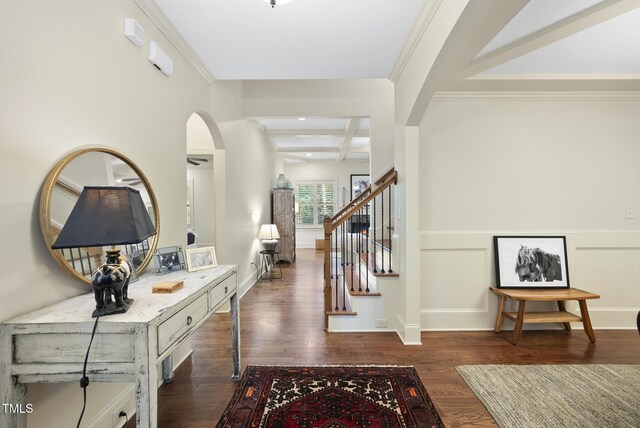 1211 New Grissom Way, Wake Forest, NC 27587 - entrance foyer with arched walkways, coffered ceiling, wood finished floors, stairs, and beam ceiling