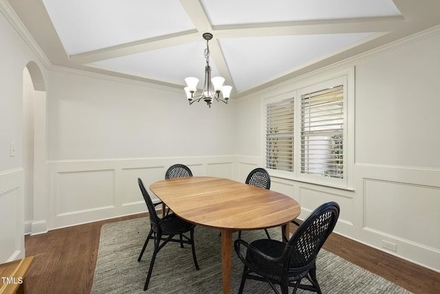 1211 New Grissom Way, Wake Forest, NC 27587 - dining space featuring wood finished floors, beam ceiling, a chandelier, a decorative wall, and a wainscoted wall