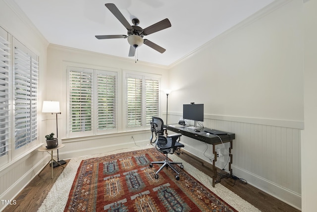 1211 New Grissom Way, Wake Forest, NC 27587 - office with wood finished floors, crown molding, a ceiling fan, and a wainscoted wall