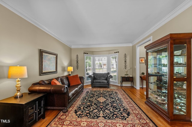 living room featuring crown molding and light wood finished floors