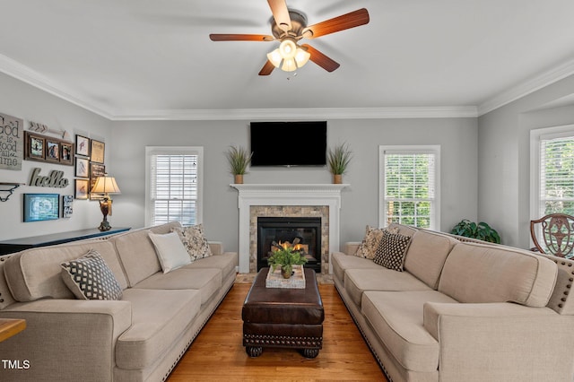 living room featuring a ceiling fan, wood finished floors, crown molding, and a glass covered fireplace