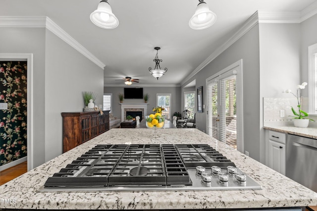 kitchen with a ceiling fan, stainless steel appliances, crown molding, wood finished floors, and light stone counters