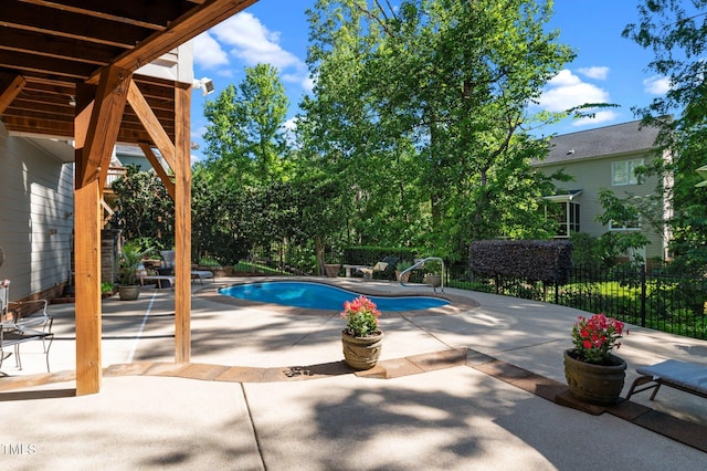 view of swimming pool with a patio area and fence