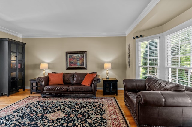living area featuring plenty of natural light, crown molding, light wood-type flooring, and baseboards