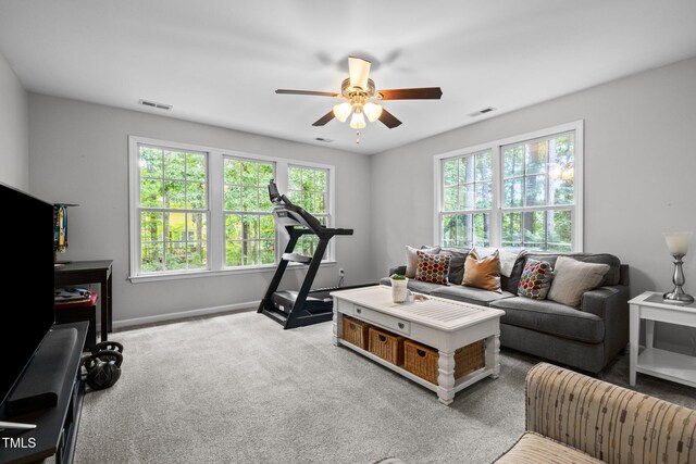 1204 Benoit Pl, Apex, NC 27502 - carpeted living room with ceiling fan and baseboards