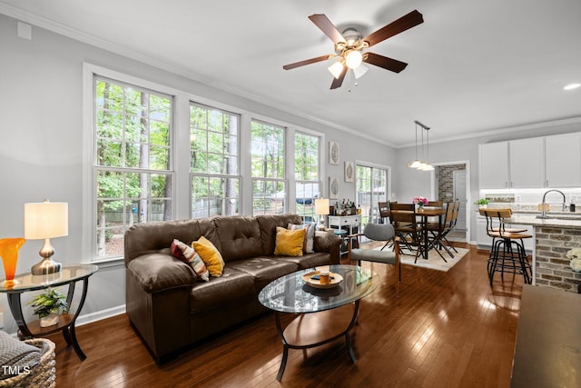 living area featuring dark wood finished floors, ornamental molding, ceiling fan, and baseboards