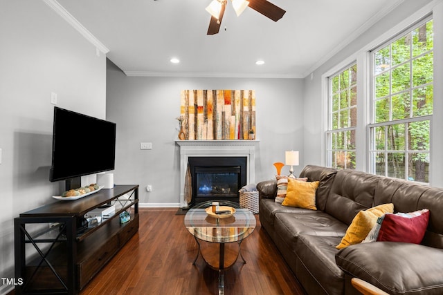living room featuring ceiling fan, dark wood-type flooring, baseboards, ornamental molding, and a glass covered fireplace