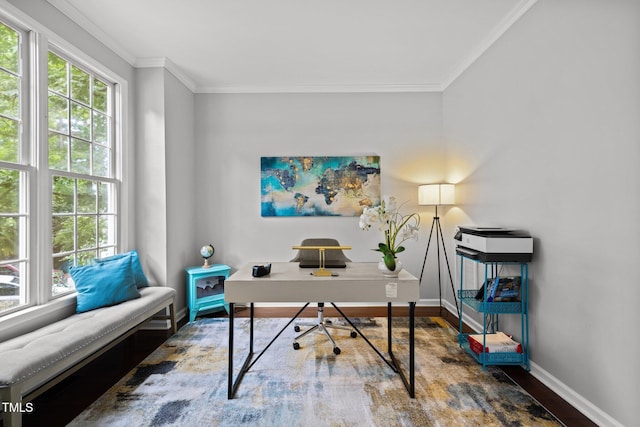 home office with baseboards, wood finished floors, and ornamental molding