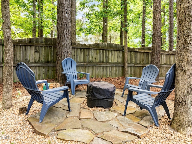 view of patio / terrace with a fenced backyard and a fire pit